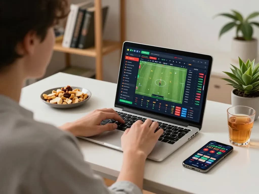 Engaged bettor using keo-nha-cai-vn website on laptop, surrounded by strategy notes and snacks.