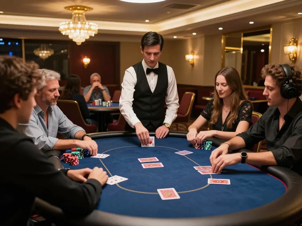 Players engaging in poker at TV88 casino table with professional dealer in luxury setting.