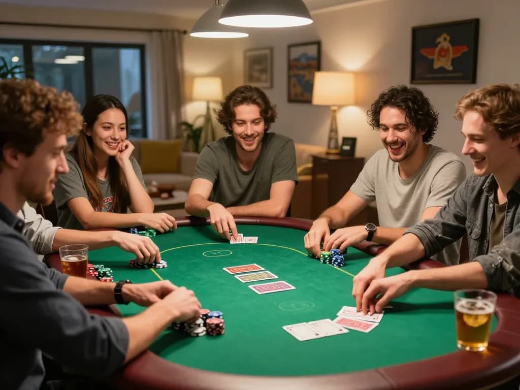 Players enjoying poker night at home with vibrant energy at nhà cái jun88