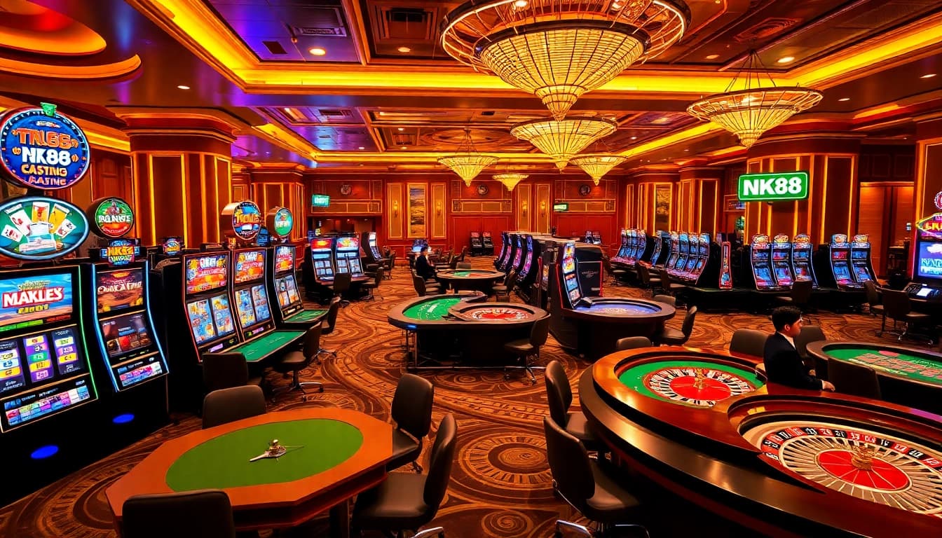 Experience the excitement of NK88 with elegant casino tables, vibrant slot machines, and professional dealers.