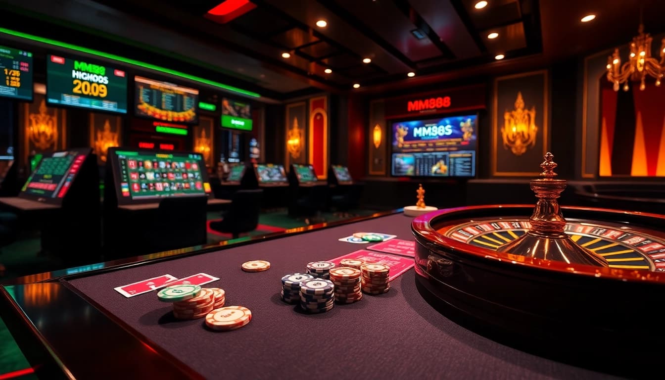 Experience high-stakes excitement at MM88's casino, featuring vibrant poker tables and roulette action.
