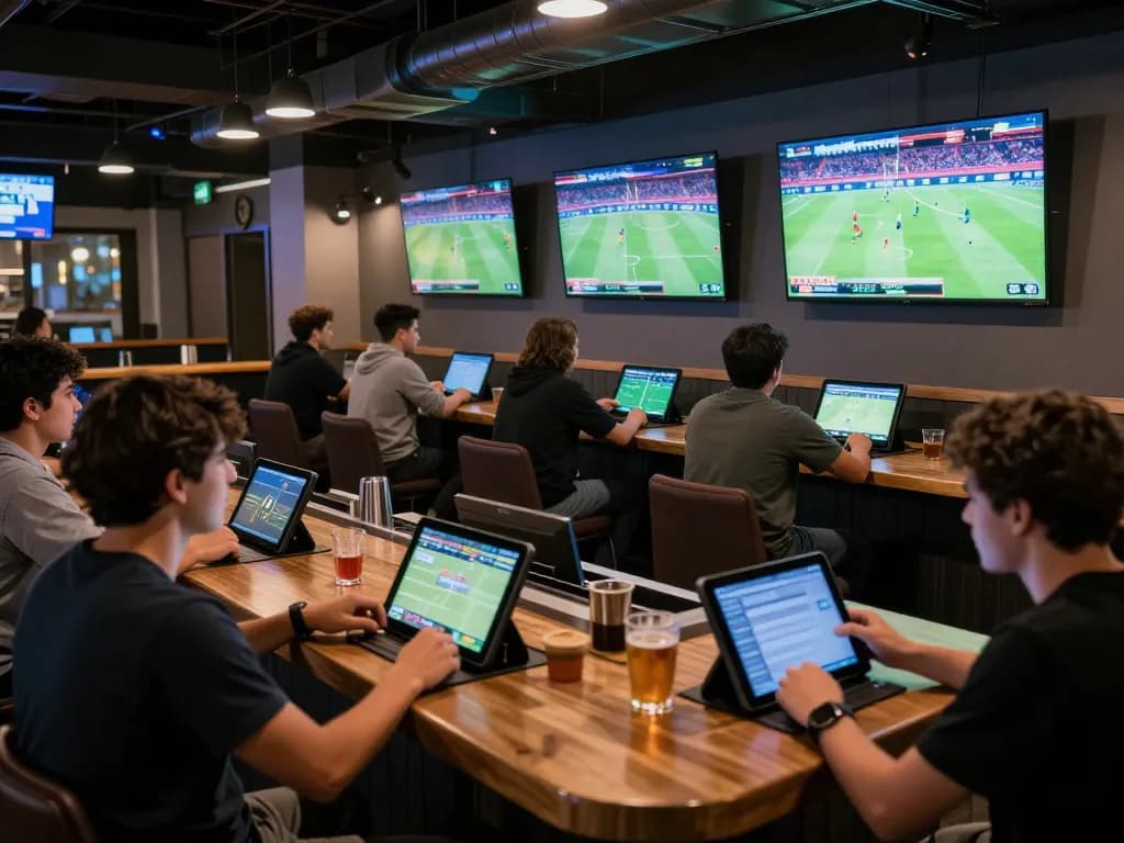 Engaging in sports betting with tylekeonhacai88 at a lively bar featuring digital screens