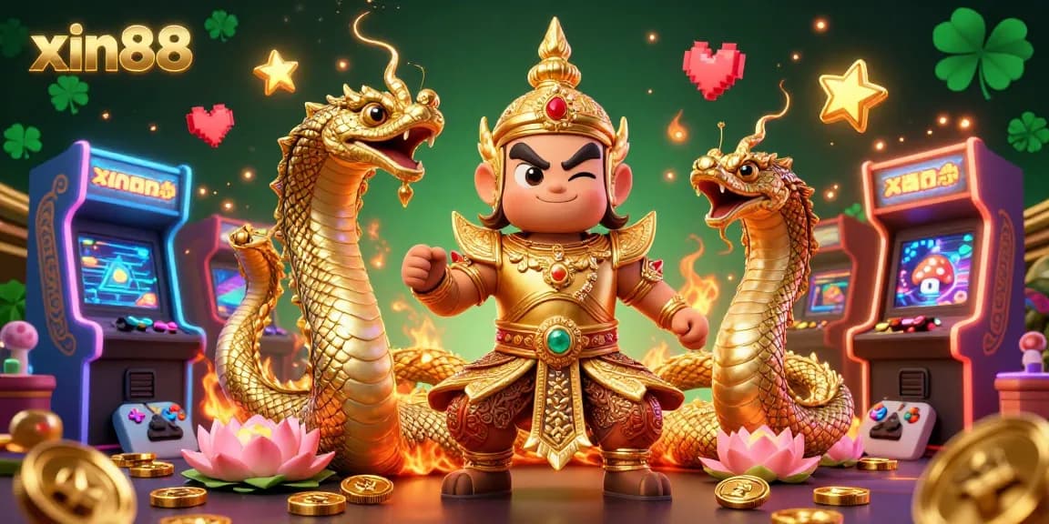 Win big on xin88 with a vibrant 3D illustration showcasing guardians, gaming machines, and casino elements.