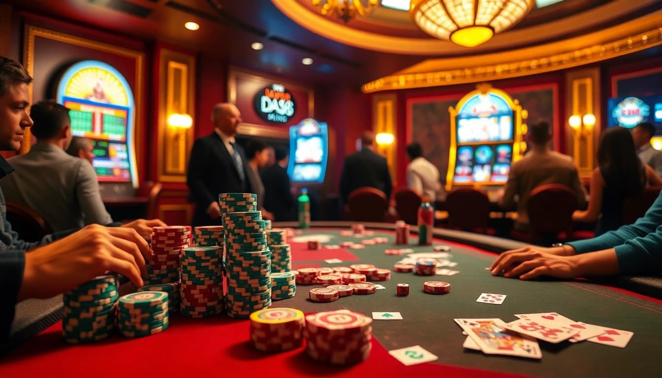 Experience thrilling gameplay at the DA88 casino table filled with poker chips and playing cards.