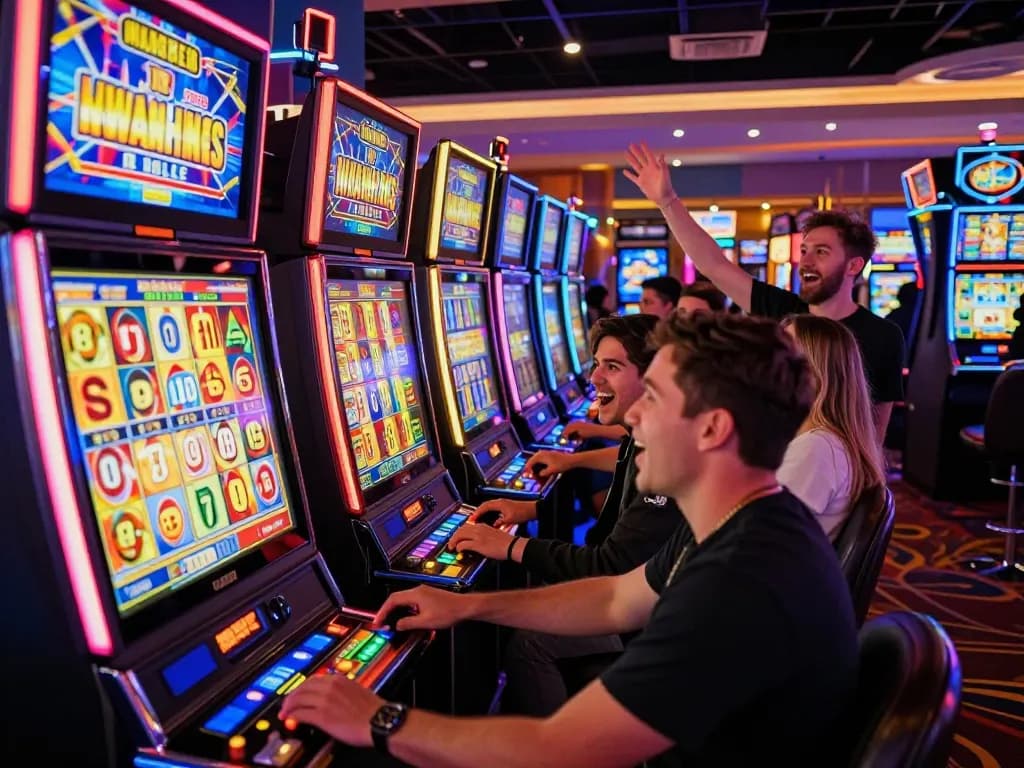 Players engaging with lively slot machines in a vibrant casino area, showcasing the excitement of winning.