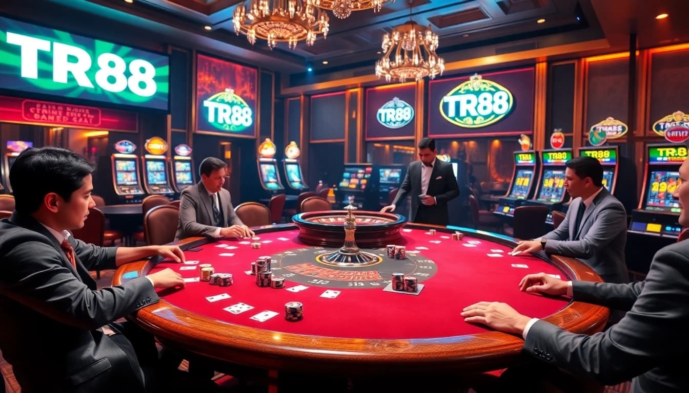 Engage with TR88 casino excitement at a vibrant poker table featuring chips and cards.