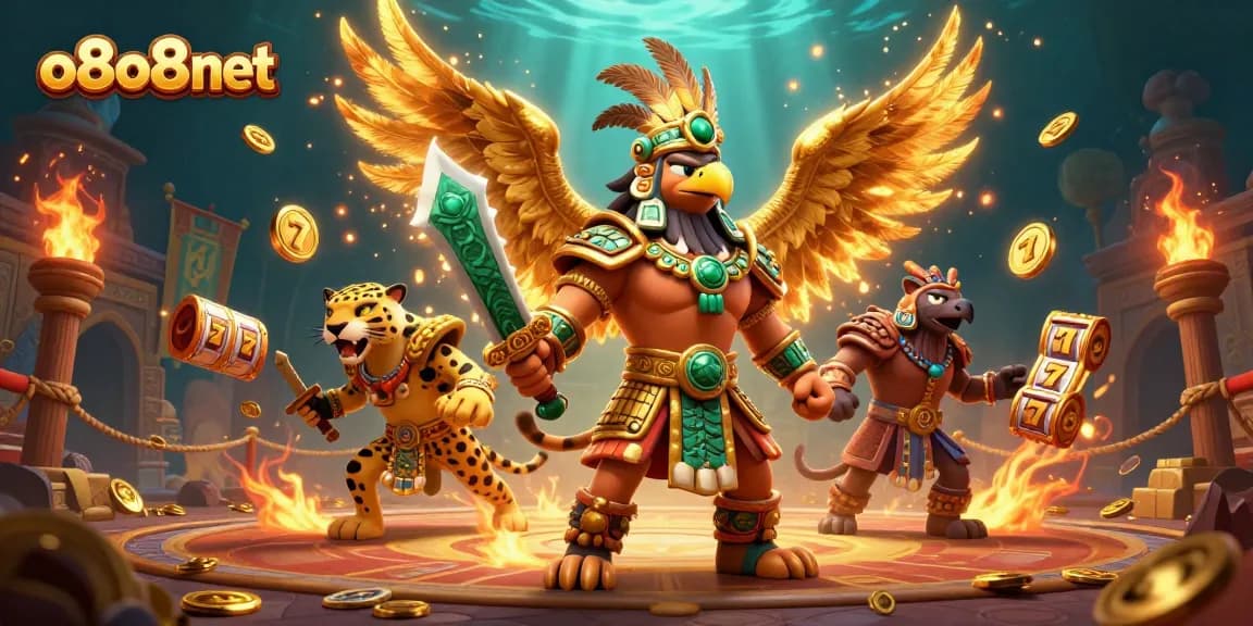 Experience thrilling gameplay at o8o8net with Aztec warriors and casino elements in an action-packed scene.