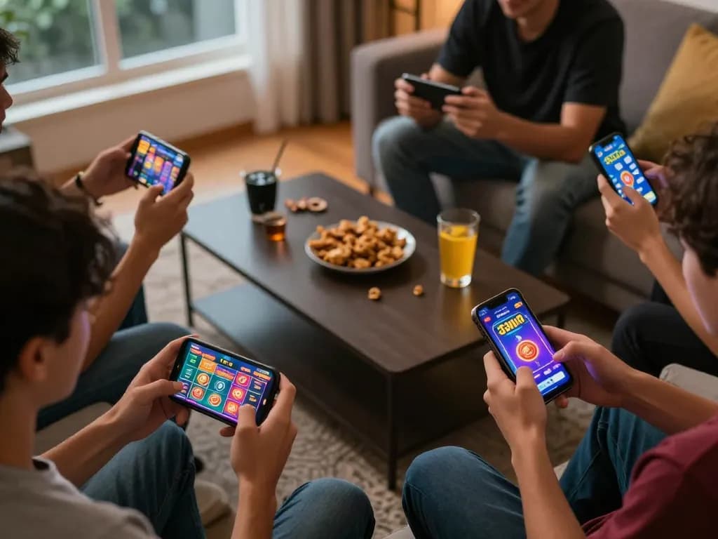Players enjoying casino games on the 33win mobile app in a cozy home atmosphere, highlighting social gaming.