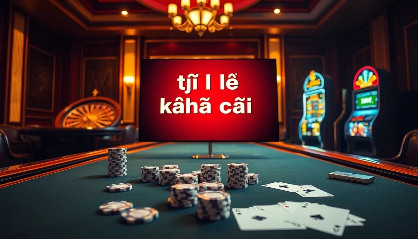 Visual representation of tỷ lệ kèo nhà cái amidst a luxurious casino setting featuring poker chips and a roulette wheel.