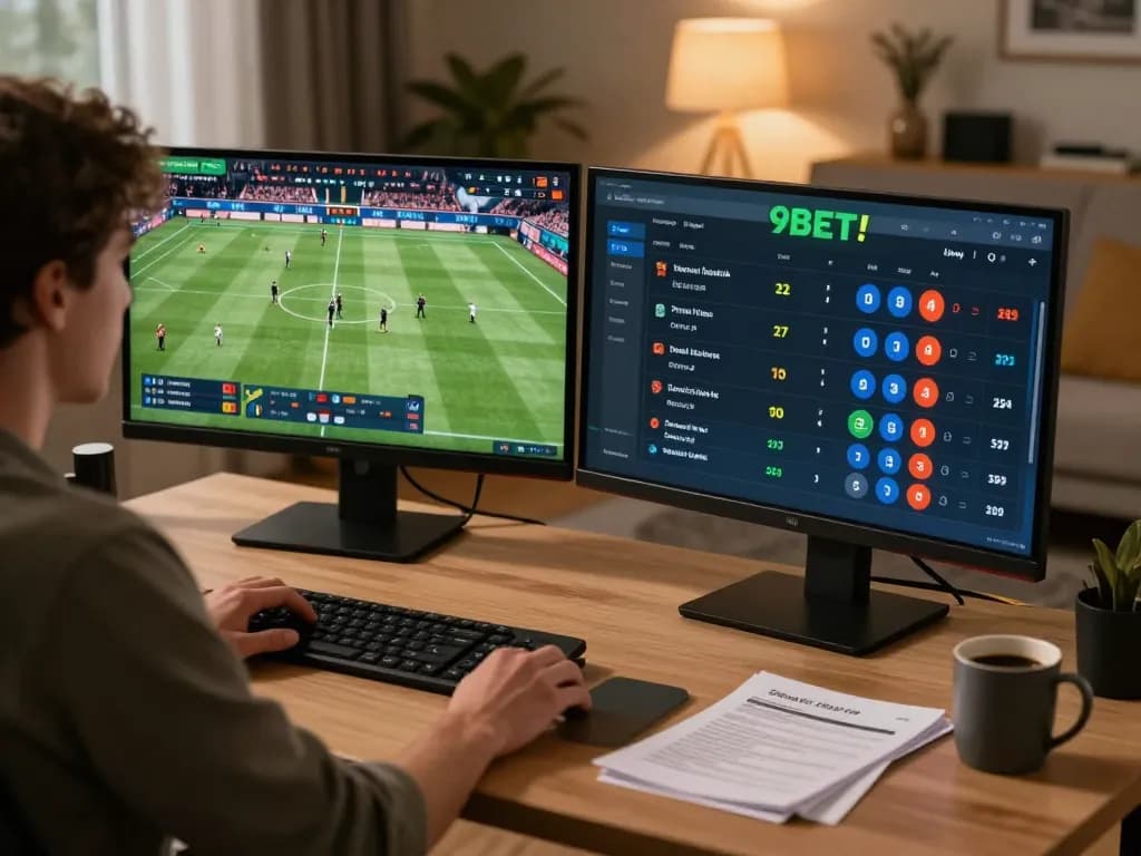 Experience exciting sports betting with 9BET's live interface displayed on dual monitors in a cozy home setup.