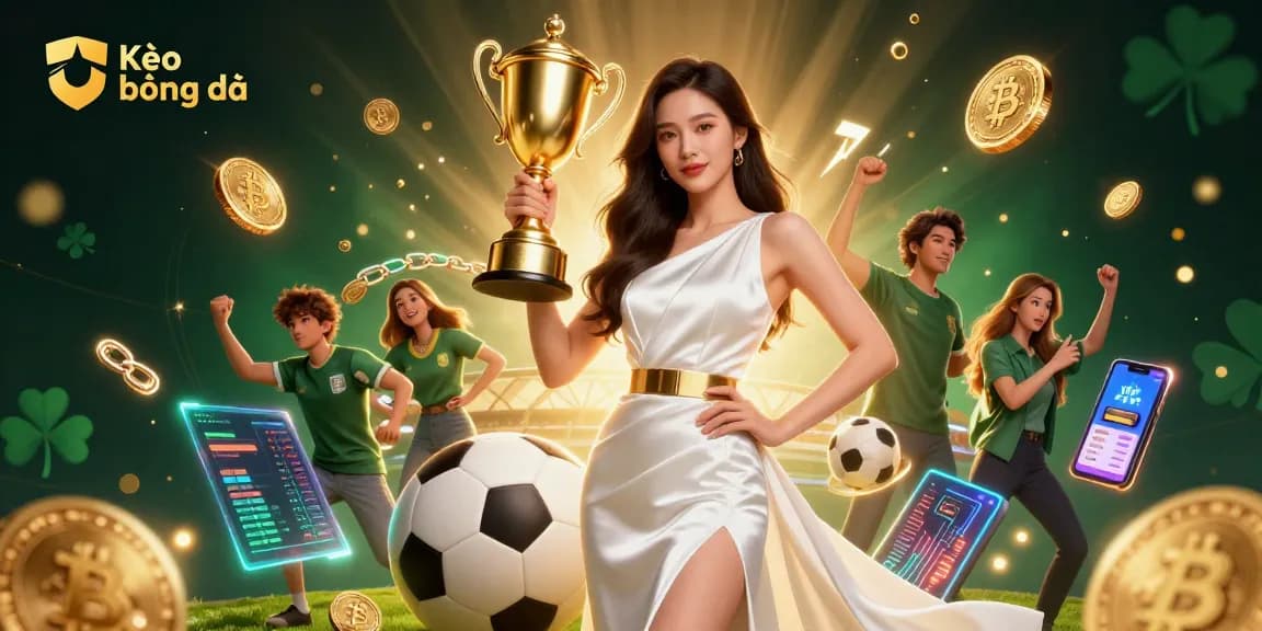 Kèo bóng đá sports betting scene with a triumphant Asian woman holding a trophy amidst dynamic crypto elements.