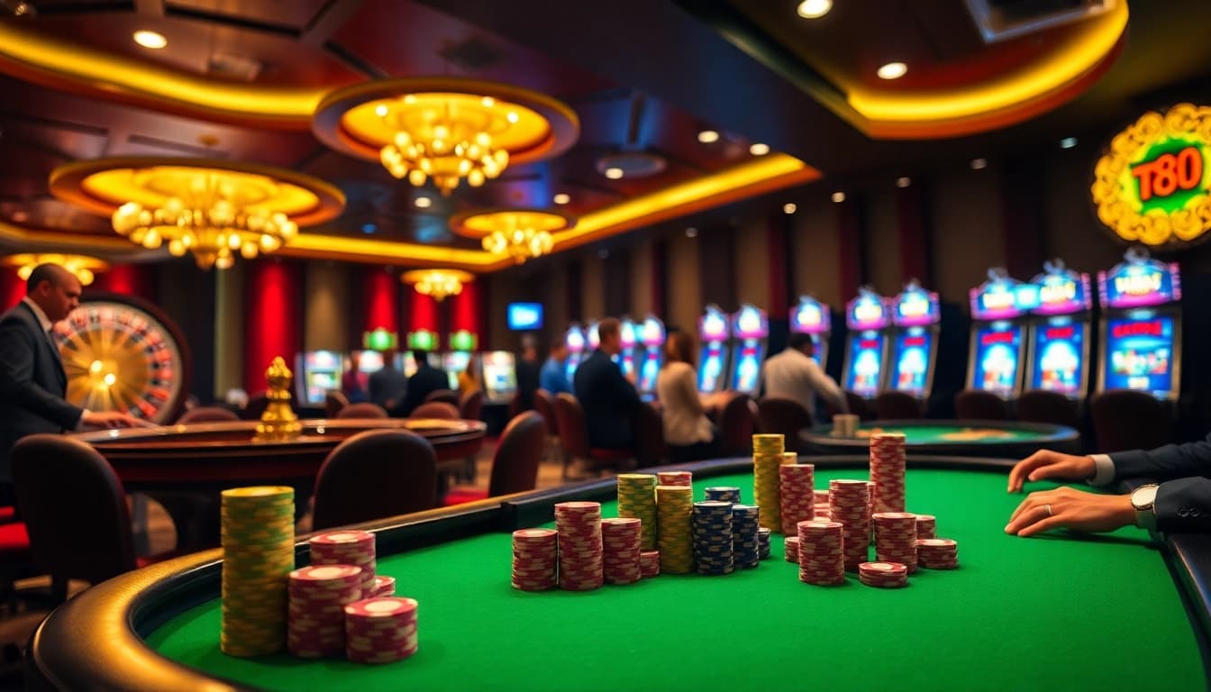 Experience winning excitement at tr88 win with poker chips and roulette in a vibrant casino.