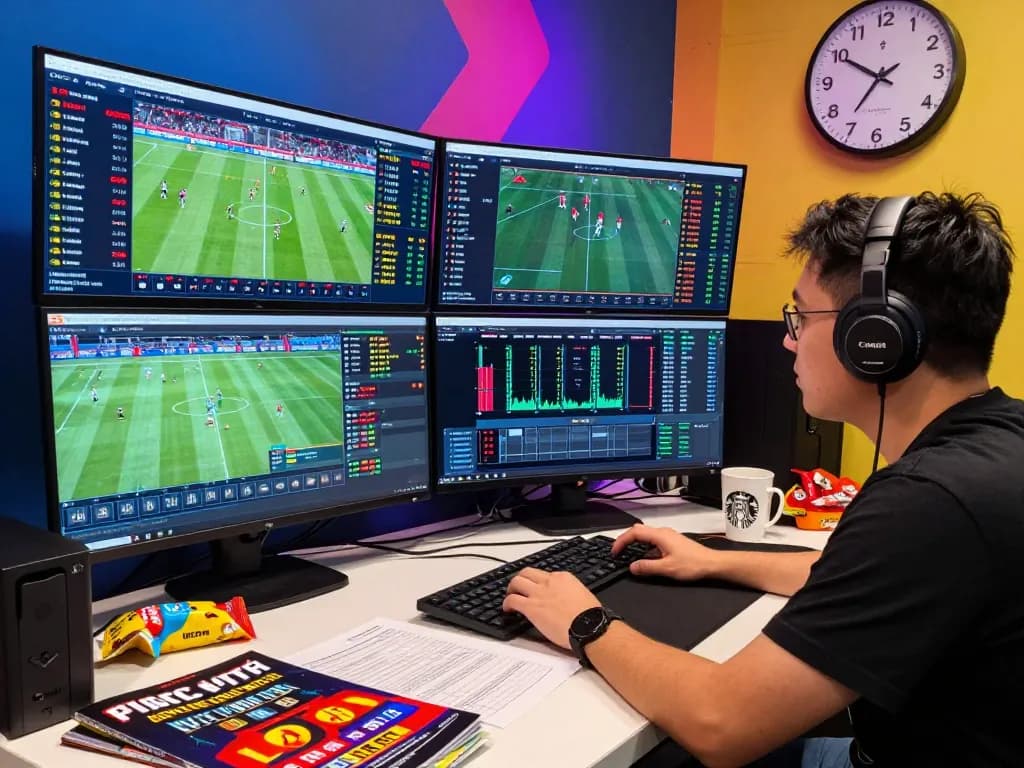 Engaged analyst reviewing tỷ lệ kèo bóng đá data on multiple screens in a dynamic sports betting environment.