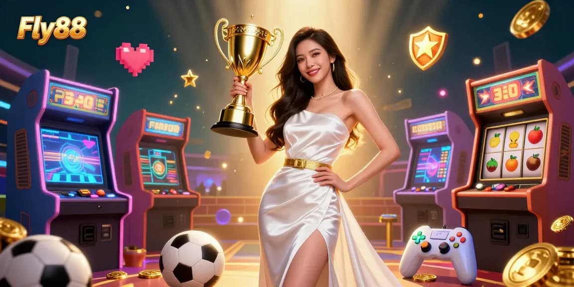Experience the thrill of Fly88 casino as a victorious woman showcases her trophy amidst vibrant gaming visuals.