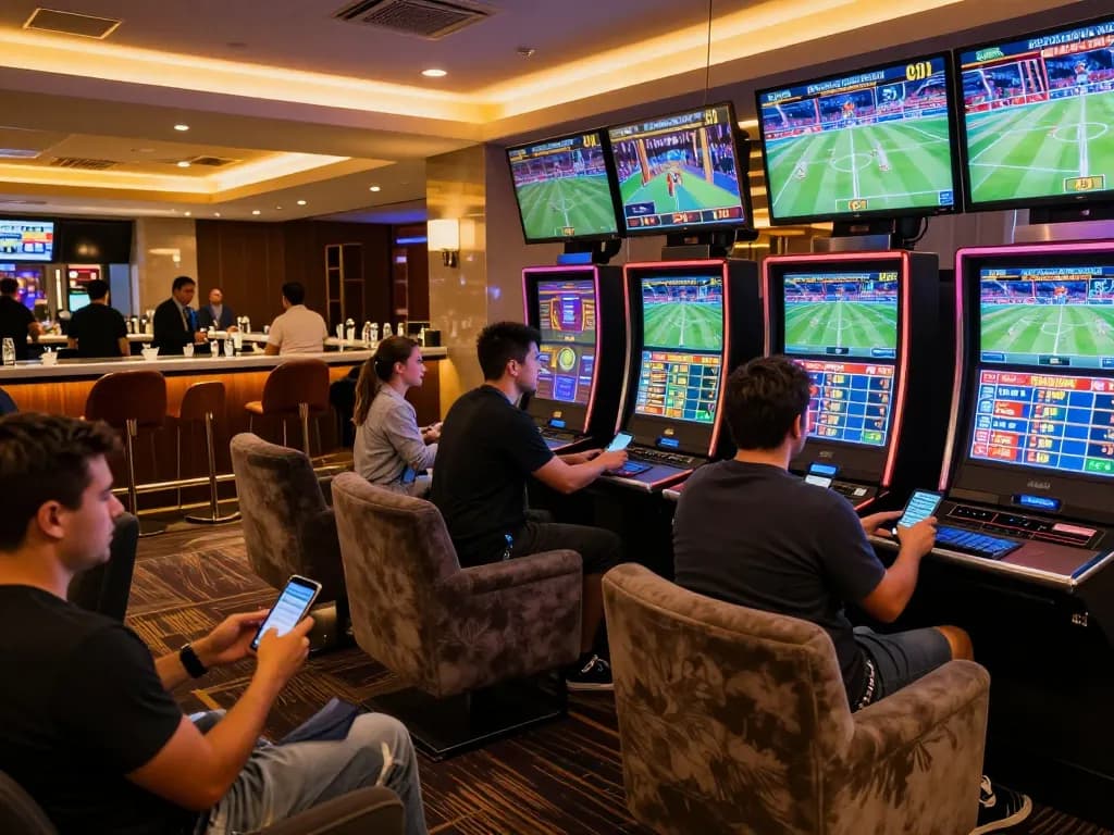Place winning bets at BL555's upscale sports betting lounge with enthusiastic patrons and live screens.