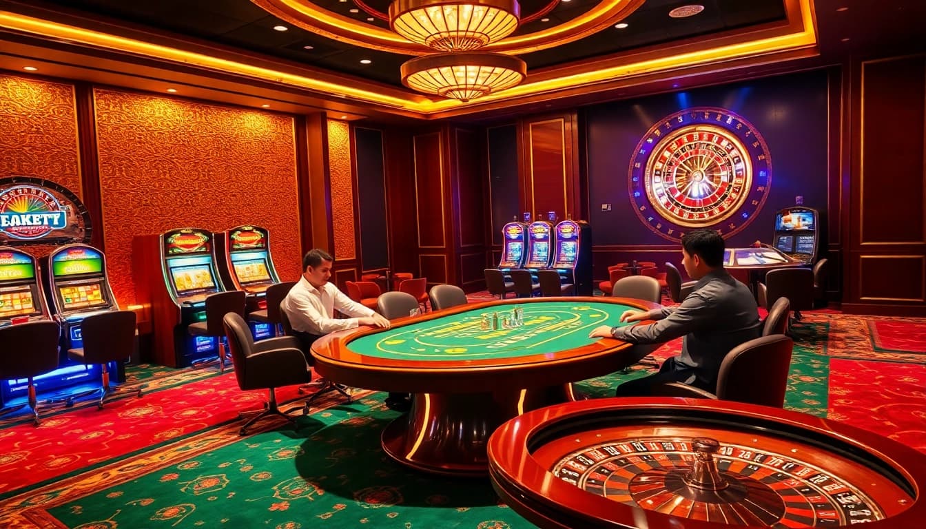 Exciting gaming action at CASINO LUCK8 with vibrant slot machines and a roulette wheel.