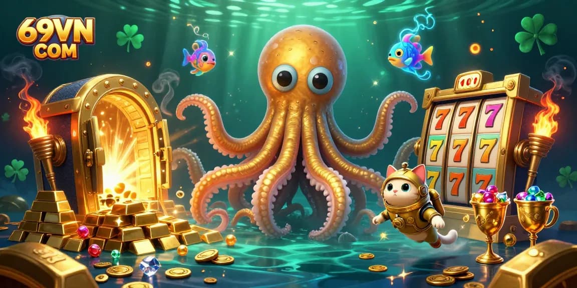 Experience thrilling gaming with 69VN COM as a kraken and diving cat explore a treasure-filled casino.