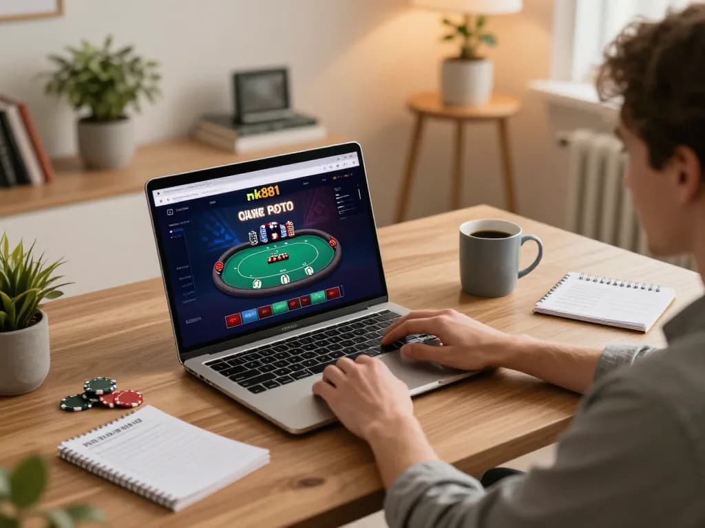 Player engaging with nk881 online casino on laptop, capturing a home gaming moment.