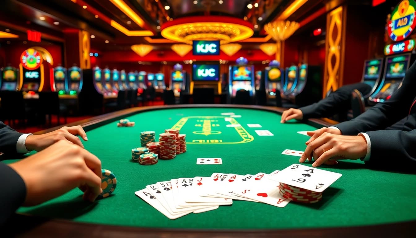 KJC's vibrant online casino scene showcases intense poker action and luxurious gaming elements.