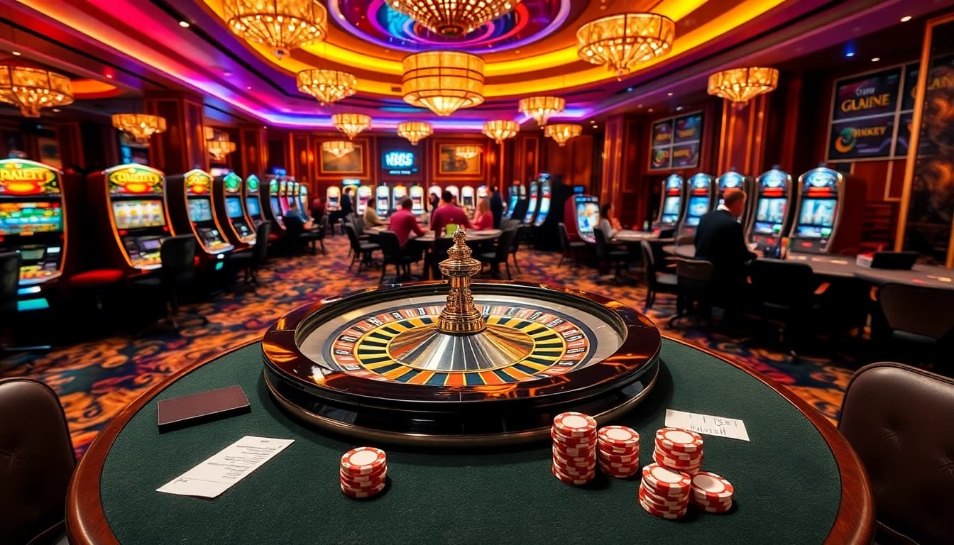 Exciting gaming action at NK88 casino with roulette and poker tables.