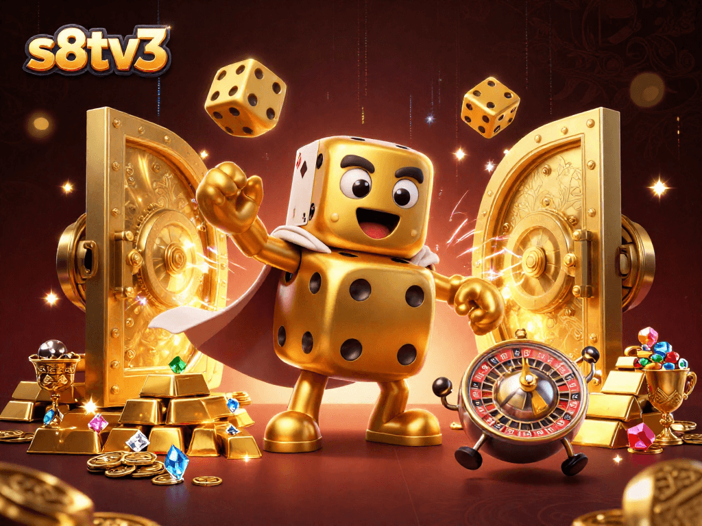Experience the thrill of s8tv3 with this vibrant illustration featuring a golden dice golem and jewels