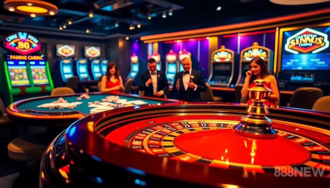 Experience the vibrant atmosphere of winning at 888new win casino, showcasing roulette and vibrant poker elements.