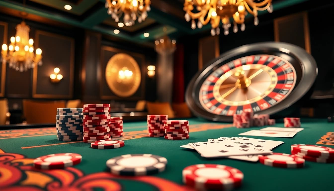 Experience excitement at https://8xx.golf/ with a vibrant casino scene featuring poker chips and roulette wheel action.
