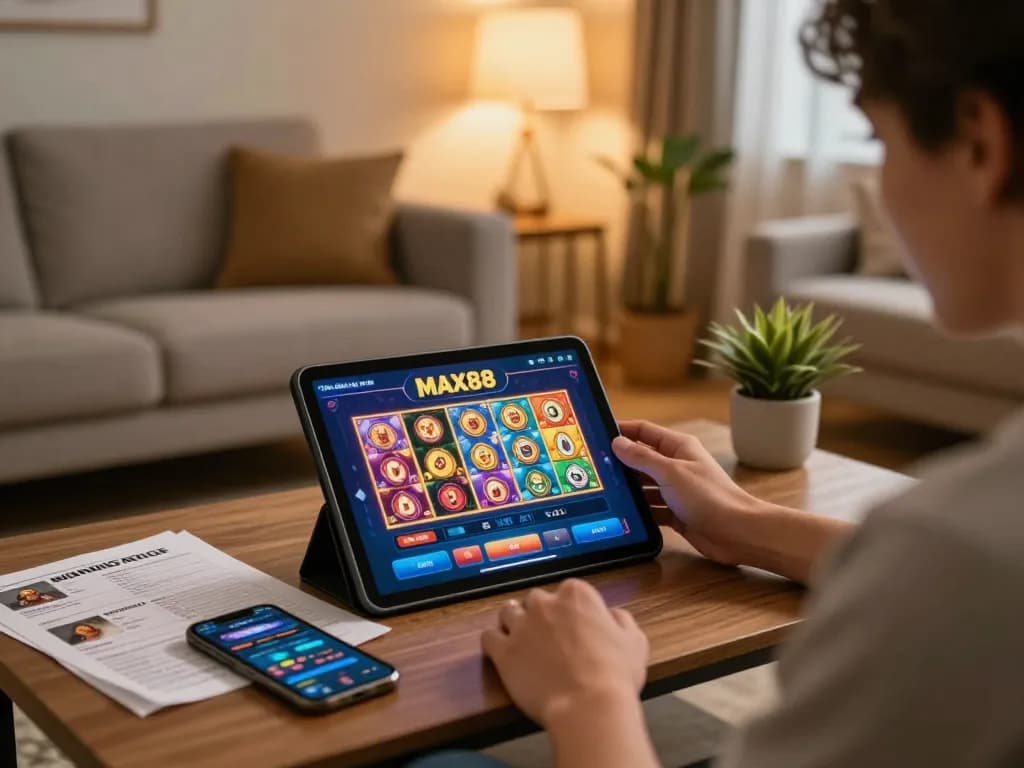 Engaged player using the MAX88 app for online gaming on a tablet in a cozy home setting.