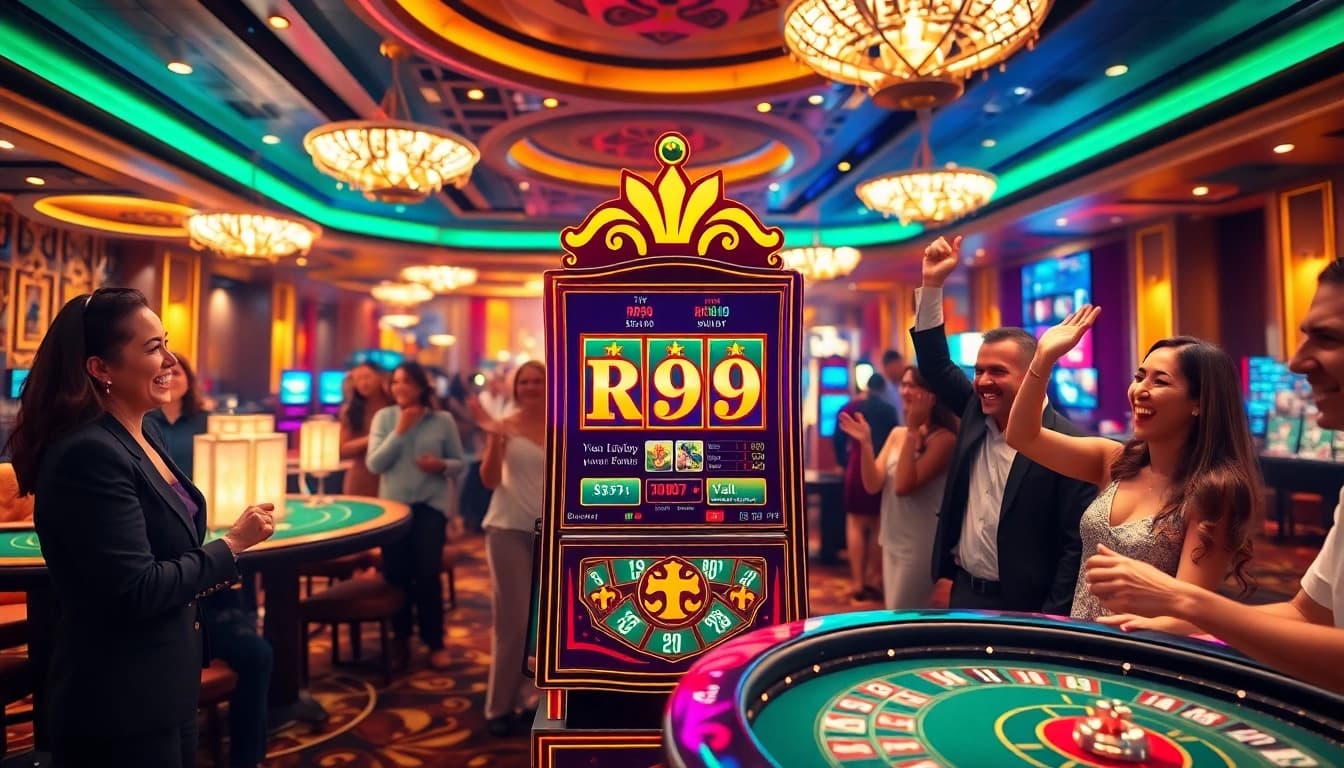 Experience the excitement of RR99 nổ hũ on a dazzling slot machine at a vibrant casino.