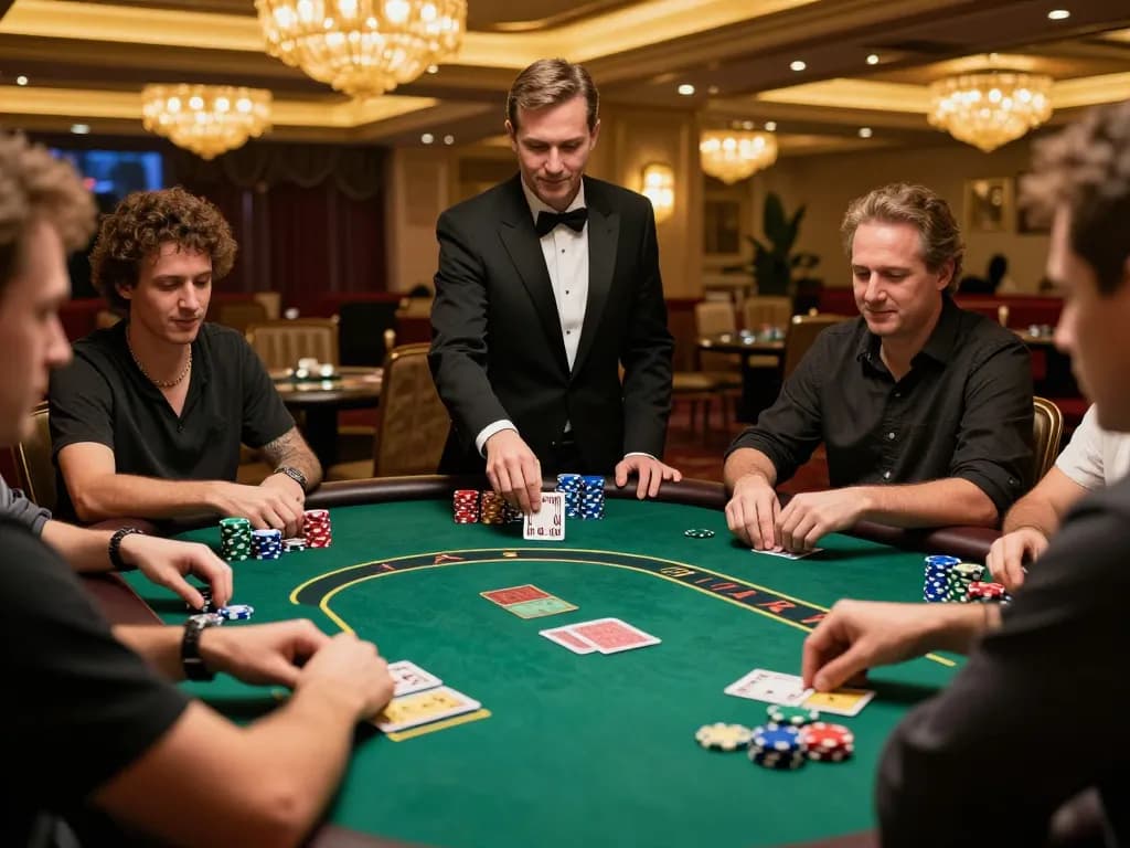 Players at a poker table enjoying a game at 33win casino, showcasing dynamic gameplay and vibrant atmosphere