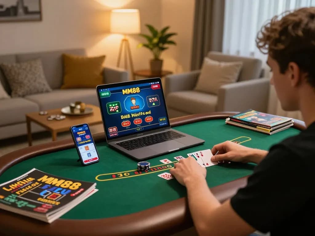 Player engaging in live dealer blackjack on a laptop with MM88 casino app in a cozy setting.