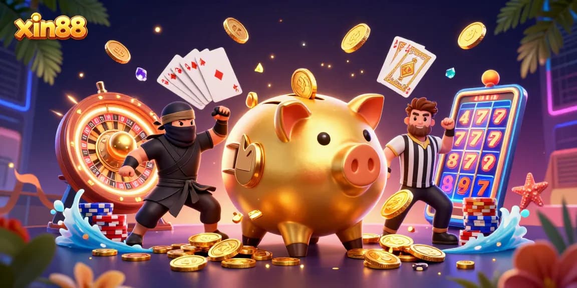 Experience thrilling gameplay with xin88's vibrant 3D casino illustration featuring dynamic characters and elements.
