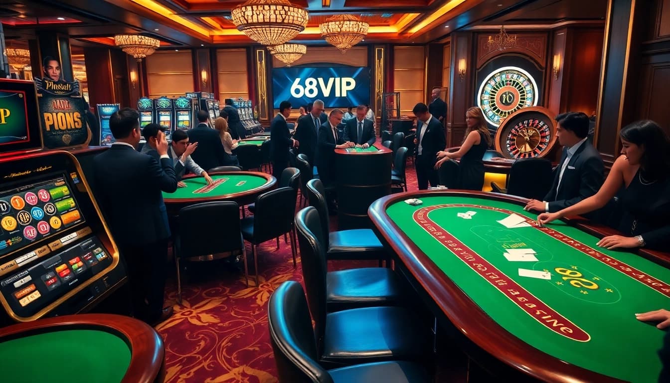 Experience the excitement of casino gaming at 68VIP with vibrant tables, cards, and chips.