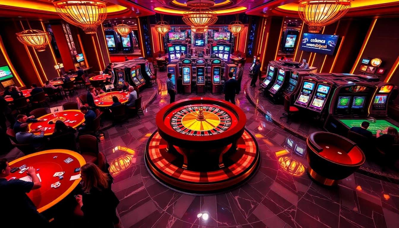 Experience electrifying gaming at c168okvip1.com with bustling casino tables and vibrant slot machines.
