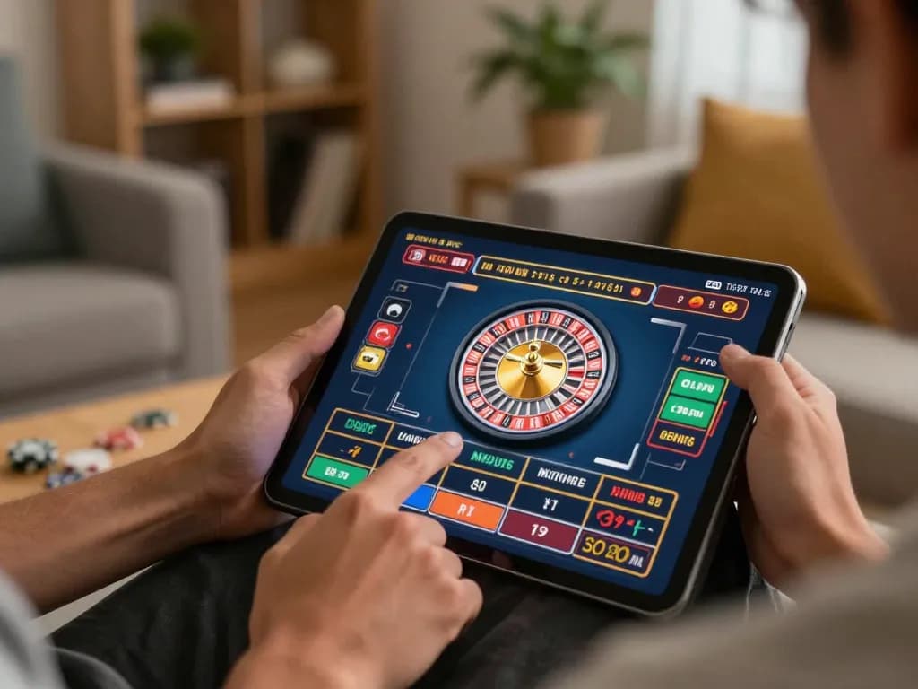 Player immerses in 7M online casino gameplay, strategizing with a vibrant roulette wheel on tablet.