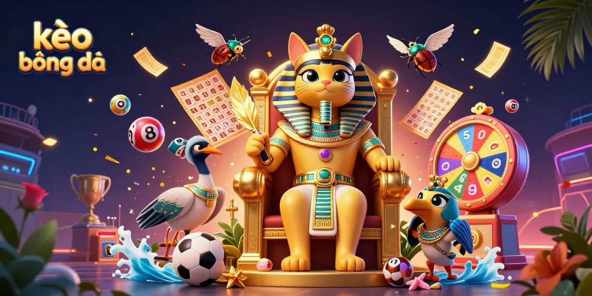 Engage in kèo bóng đá with an energetic scene of Egyptian cat royalty balanced by vibrant sports elements.