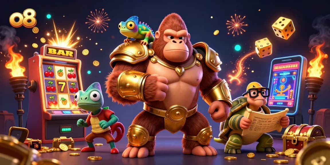Engage with the thrilling world of o8 as a gorilla king triumphantly celebrates a jackpot win, surrounded by vibrant casino elements.
