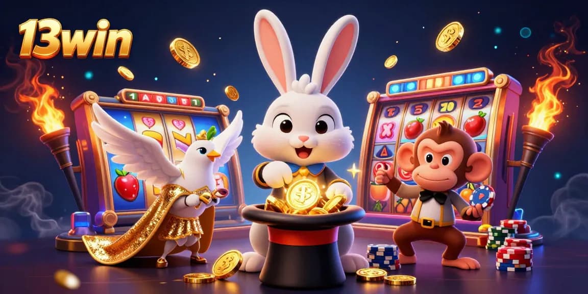 Spin and win at 13win with a playful illustration of a magician rabbit pulling coins and a dove.