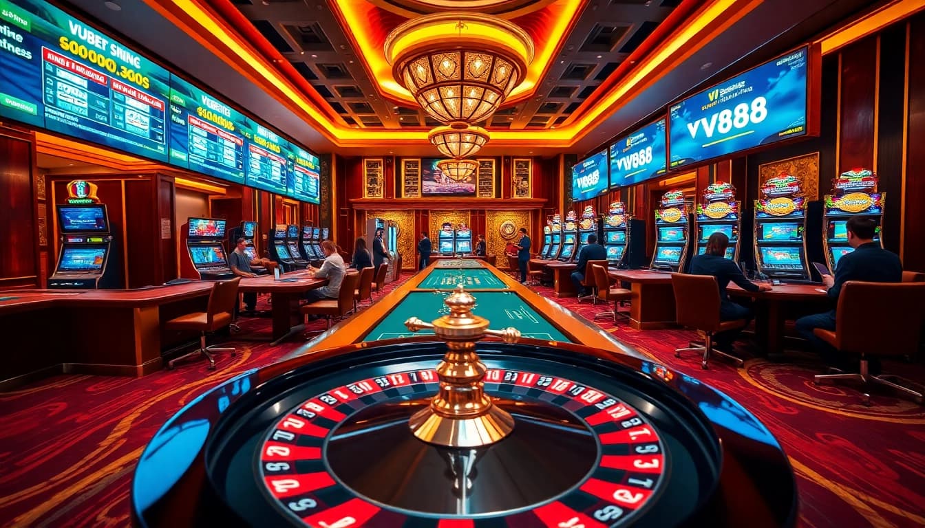 Experience the excitement of VU88 with players enjoying casino games in a luxurious setting.