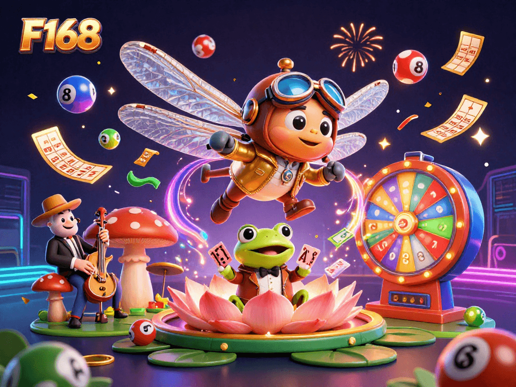 Engage in thrilling gaming with F168, showcasing vibrant casino elements and jazzy characters.