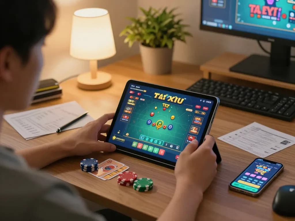 Person engaging with taixiuonlinego app on tablet in a cozy gaming setup, showcasing strategic gameplay.