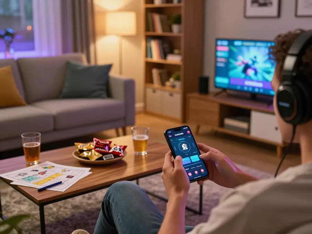 Engaging with the Luckywin gaming app on a smartphone in a cozy home setting, showcasing responsible gaming practices