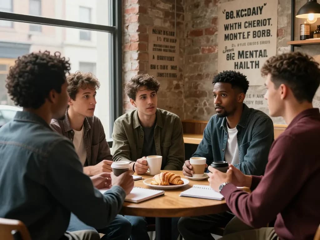 Men gathered at a café for open discussions in a supportive manclub environment.