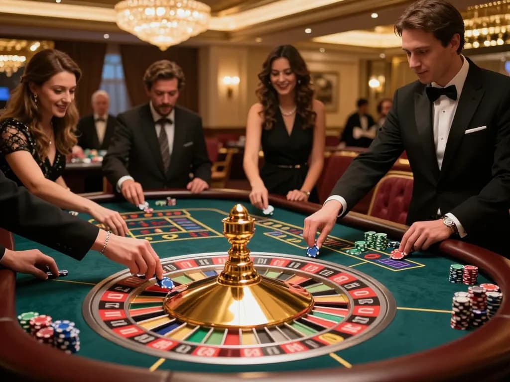 8day players engage in intense roulette excitement with vibrant chips and a bustling casino atmosphere.