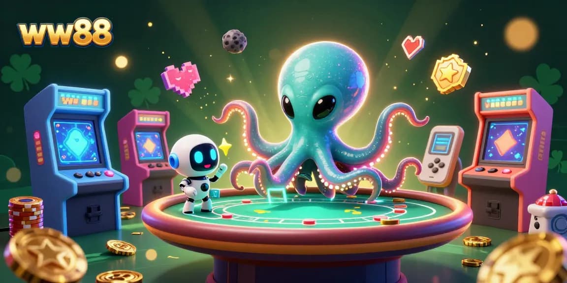 Engage in thrilling games at ww88 with a cartoon alien octopus at a holographic poker table.
