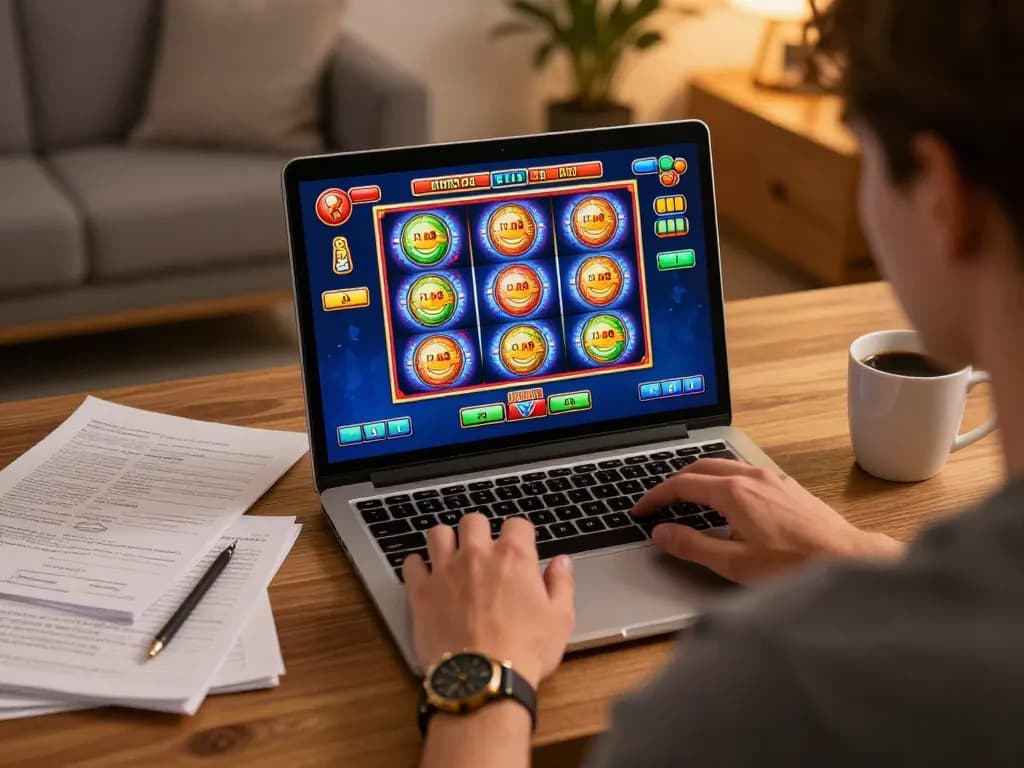 Player enjoying hitclub online casino gaming experience with vibrant slot visuals and strategic notes.