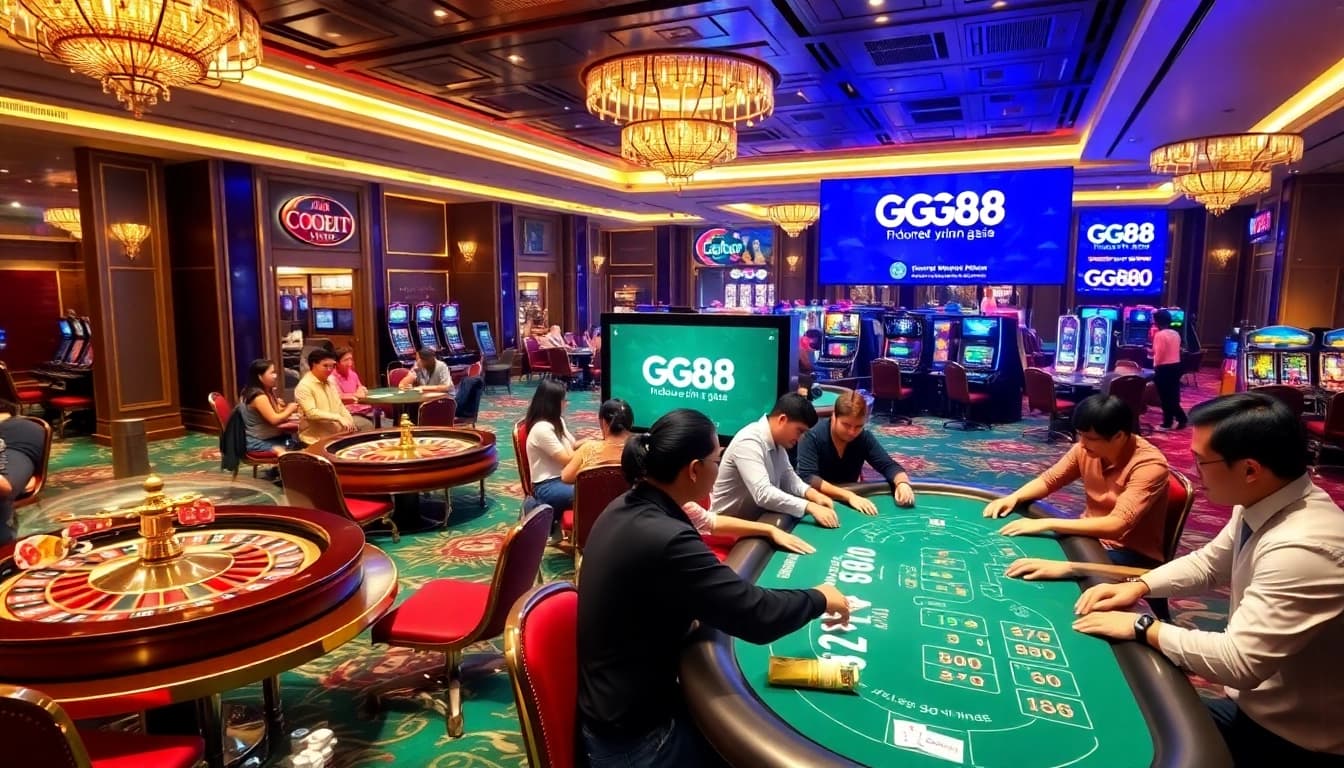 A thrilling casino atmosphere showcasing players enjoying games at https://gg88vn.asia/ with luxurious decor, roulette wheels, and slot machines.
