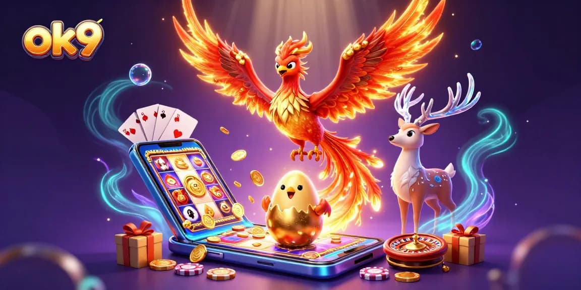 Experience thrilling wins with ok9 as a majestic fire phoenix and baby phoenix surround vibrant casino elements.