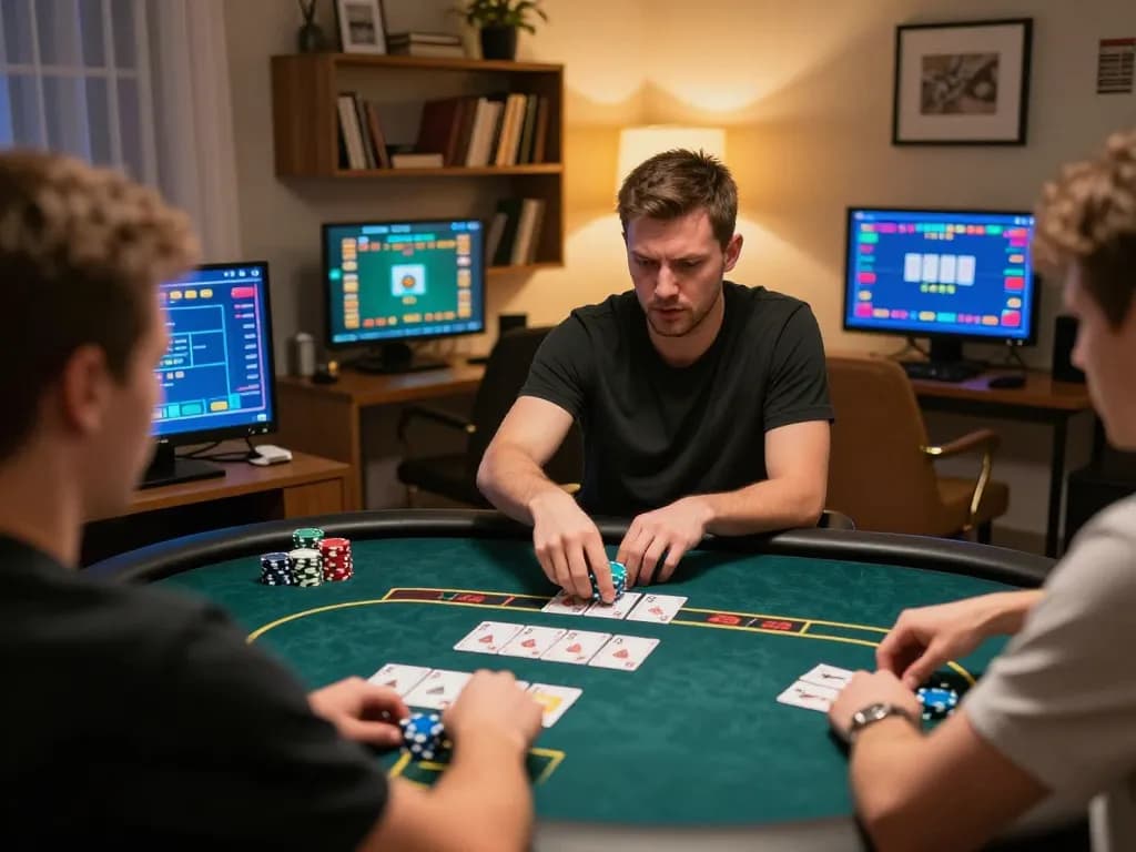 Engaged players strategizing during an online poker game on 33WIN, showcasing dynamic gameplay and emotional intensity.