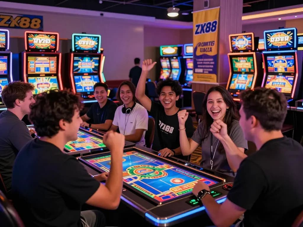 Exciting ZX88 gaming atmosphere with players at vibrant casino tables, celebrating wins in a lively environment.
